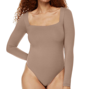Babaton Tan Brown Long Sleeve Square Neck Contour Bodysuit Neutral Fitted